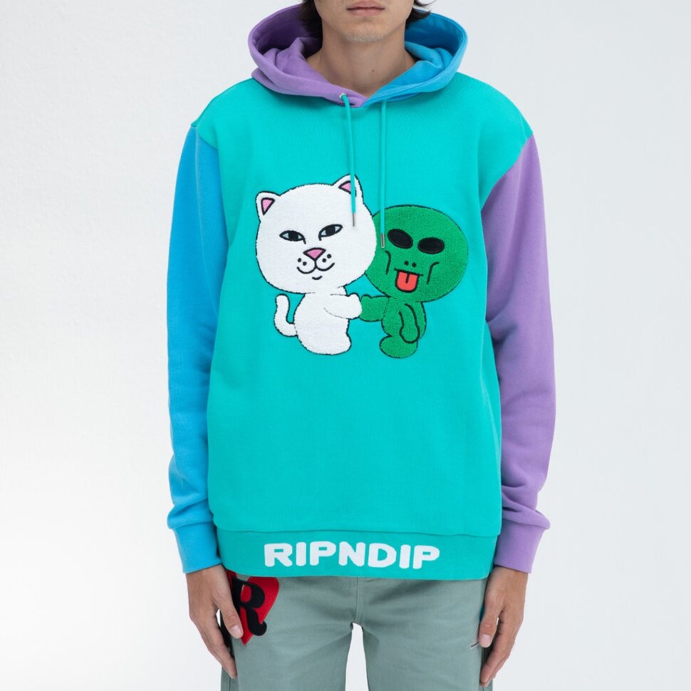 Толстовка с капюшоном RIPNDIP Buddy System Color Block Chenille Patch Art Hoodie Teal. Blue & Purple 2022 2000000577289